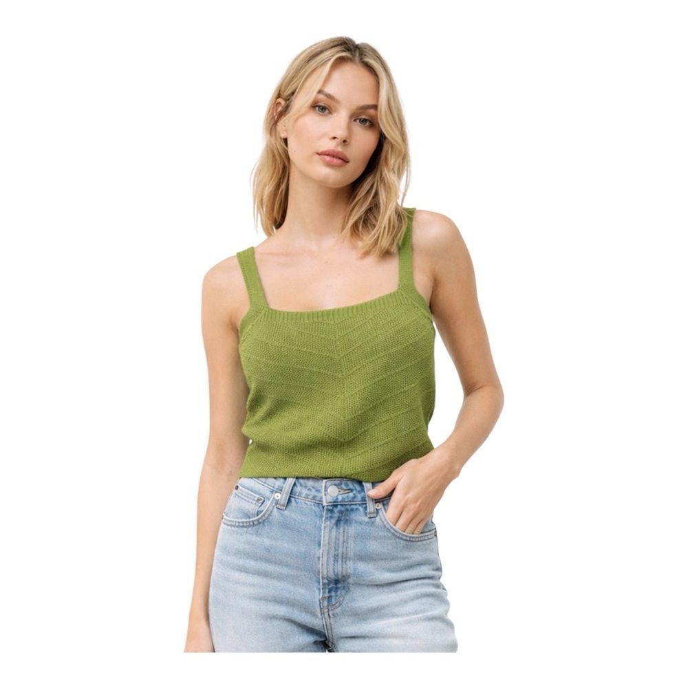 FRNCH Paris Laila Knit Tank Top Olive Green Sleeveless Crochet Style Large